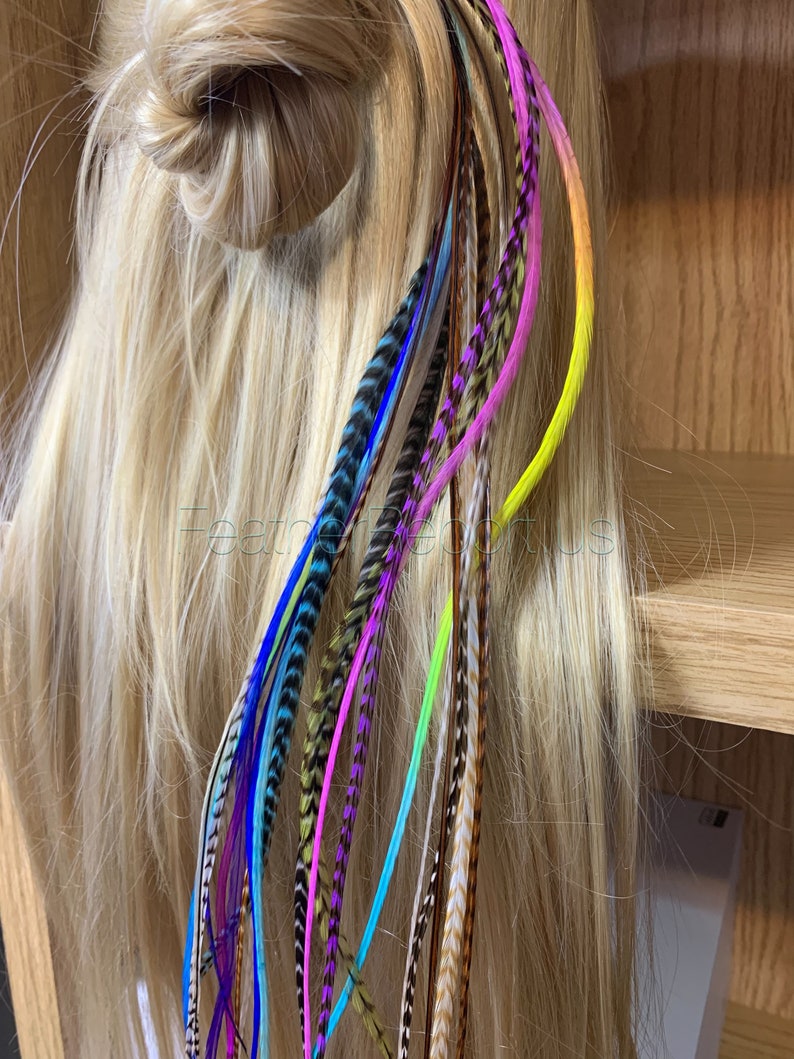 Long Feathers for Hair Extensions Rainbow Natural Mix of 20 Premium Quality XXL Hair Feathers Blues Purples Pinks Grizzly Solid 14to17inches