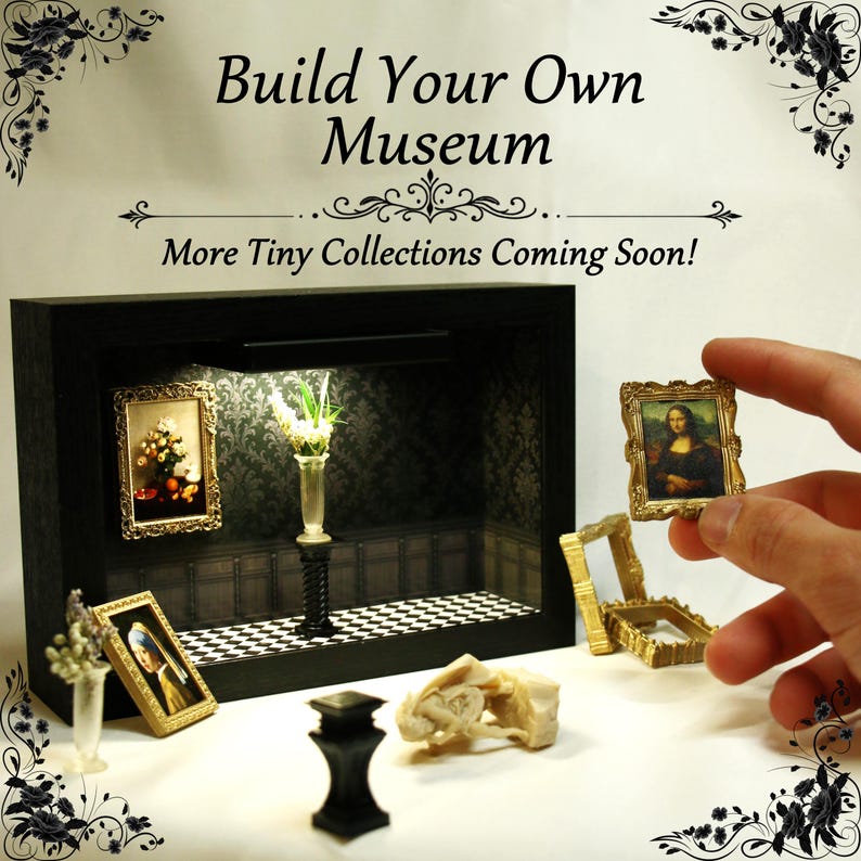 May include: A miniature museum display box with black walls, a checkered floor, and internal lighting. It includes small framed art prints, a vase with flowers, and a pedestal. The text reads Build Your Own Museum and More Tiny Collections Coming Soon!