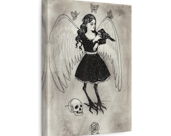 Gothic Crow Girl Dark Fantasy Canvas Print | Macabre Angel Art | Gothic Home Decor for Lovers of Crows, Skulls & Nature