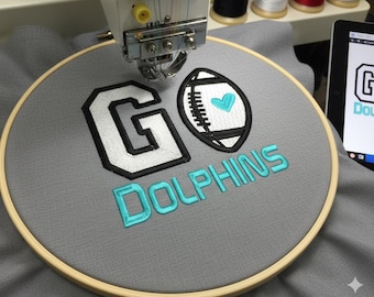 Diseño de bordado de fútbol de los Dolphins: archivo de máquina "Cheer Spirit" (descarga instantánea)