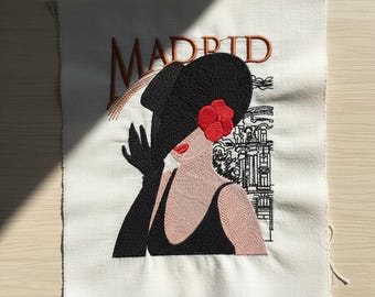 Madrid Lady Embroidery Design | Spanish City Travel Machine Embroidery File | Flamenco Woman Stitching Download