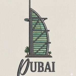 Op de afbeelding: Een geborduurd ontwerp met het Burj Al Arab hotel in Dubai. Het gebouw is afgebeeld in groen- en grijstinten, met het woord "Dubai" in een gestileerd lettertype eronder. Twee kleine palmbomen flankeren het gebouw.