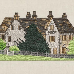 May include: An embroidered image of a stone house with a brown tiled roof, chimneys, and multiple windows. The house is surrounded by green trees, a wooden fence, and a grassy area. The image is set against a neutral background.
