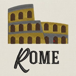 May include: An embroidered design featuring the Colosseum in yellow, gray, and brown, with the word "ROME" in black script below. The design is on a cream-colored background.