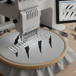 May include: An embroidery machine stitching the word "BULLDOGS" onto a light gray fabric stretched within a wooden hoop. The design includes black claw marks. A computer screen displays the same design.