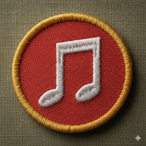 Puede incluir: Parche bordado circular con una nota musical blanca sobre fondo rojo. El parche tiene un borde amarillo. Ideal para ropa o accesorios, este parche es un artículo con temática musical.
