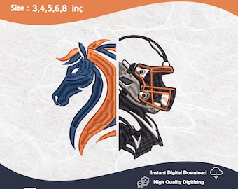 Diseño de bordado de casco de fútbol americano con caballo y caballo dividido, mascota de fútbol americano de Denver (PES), espíritu de Boise State (DST), silueta moderna del Bronco universitario.