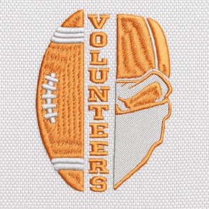Può includere: Ricamo di un pallone da football americano arancione e bianco con la parola "VOLUNTEERS" in verticale al centro. Il disegno è su sfondo bianco. Il pallone da football americano è diviso a metà, con la parola "VOLUNTEERS" al centro.