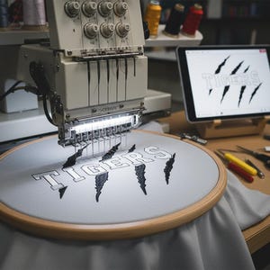 May include: An embroidery machine in operation, stitching the word "TIGERS" with claw marks onto a light gray fabric stretched within a wooden hoop. A tablet displays the design. Various spools of thread and tools are visible.