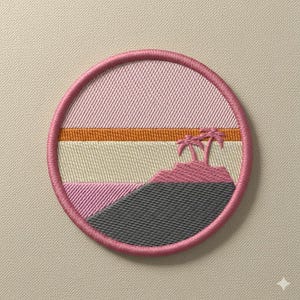 Peut inclure: Écusson brodé représentant un coucher de soleil. Le motif comprend un ciel rose, un horizon orange et un paysage beige clair et rose. Deux palmiers se dressent sur une colline rose, le tout dans un cercle rose. Pour vêtements ou accessoires.