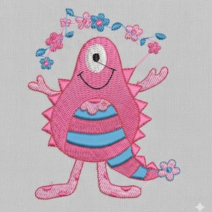 Peut inclure: Monstre rose brodé avec un seul œil, un dos épineux et un ventre et une queue rayés bleus. Le monstre est décoré de fleurs roses et bleues. Le motif est sur un fond gris clair.