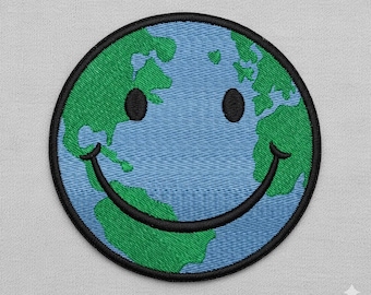 Diseño de bordado de cara sonriente de la Tierra: aplique de cara feliz (varios tamaños)