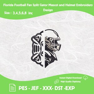 May include: Black and white split design of a Florida Gators mascot and football helmet. The design is for embroidery and includes the text "Florida Football Fan Split Gator Mascot and Helmet Embroidery Design". The size is 7.6, 10.2, 12.7, 15.2, and 20.3 cm.