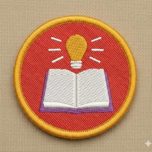 May include: Embroidered patch featuring a red circle with a gold border. Inside, a yellow lightbulb shines above an open book with white pages and a purple spine. The design suggests learning and ideas.