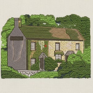 Broderidesign med rustik murgrönstuga - Maskinbroderifil med mysig brittisk lantlig stil (160 x 115 mm)