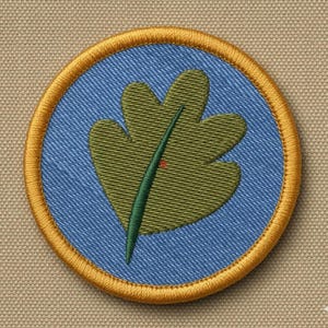 May include: Embroidered patch featuring a green leaf design on a blue background, encircled by a gold border. The leaf has a green stem and a small red accent. The patch is round and has a textured appearance.