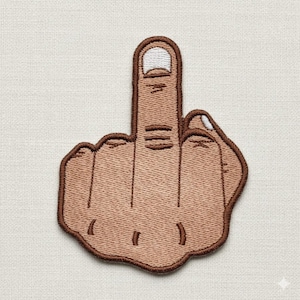 May include: Embroidered patch showing a hand giving the middle finger. The patch has a brown hand with a brown outline and white accents on the fingernail. The patch is on a light beige background.