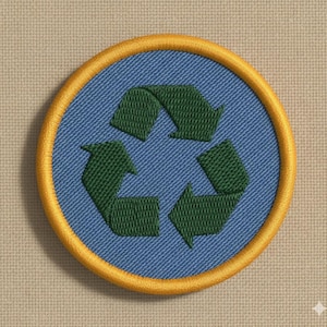 May include: Circular embroidered patch with a green recycling symbol on a blue background, framed by a gold border. The patch has a textured fabric appearance, suitable for application on clothing or bags.
