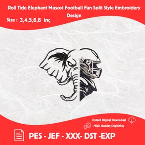 Design de bordado em estilo dividido do mascote de futebol americano Roll Tide Elephant, Alabama Crimson Tide PES, Gameday Sports Spirit DST, Elefante Moderno