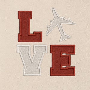 Love and Plane Embroidery Machine File, Digital embroidered file, love , plane, aviation embroidery design, 3 size 5 format (dst,pes,jef,vp3