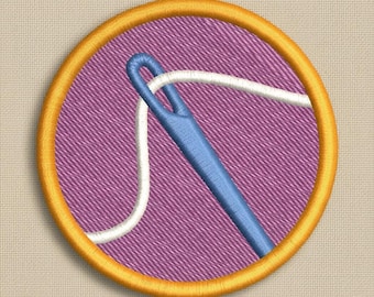 Diseño de parche bordado con aguja e hilo: Insignia para afición a la costura (descarga digital)
