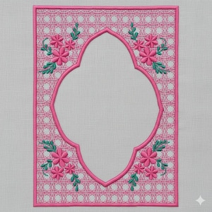 May include: A pink embroidered frame with a floral design. The frame has a quatrefoil shape in the center, surrounded by a pink and white patterned background. Pink flowers and green leaves are embroidered in each corner.