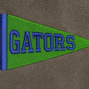 May include: A green pennant with the word "GATORS" embroidered in blue. The pennant has a blue border and decorative elements. The background is a textured, neutral color.