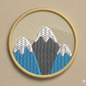 May include: Embroidered patch with a mountain range design. The circular patch has a tan background and a gold border. The mountains are blue, grey, and white, with snow-capped peaks.