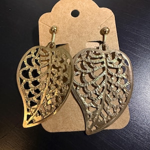 gold leaf dangle clip-on earrings