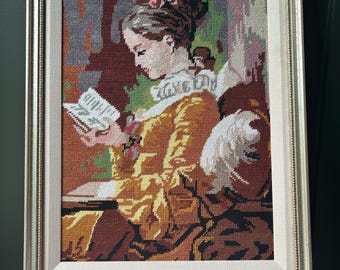 Vintage Needlepoint Tapestry: Woman Reading, Golden Dress, Cottagecore Decor