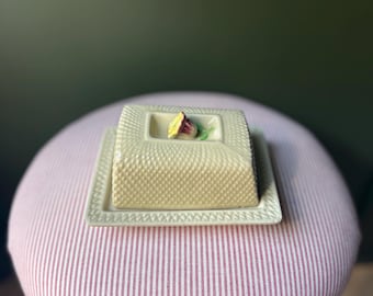 Vintage Japan Butterdose | Korbgeflecht Blumendeckel