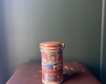 Lata de cafetería vintage — Tapa abatible, escena de cafetería ilustrada