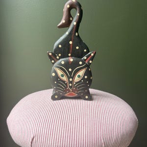 Whimsical Black Cat Letter Rack – Hand Carved Wooden Folk Art Holder