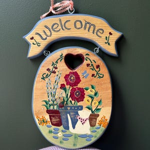 Vintage Hand Painted Welcome Sign - Wooden Floral Wall Hanging - Cottagecore Folk Art Decor