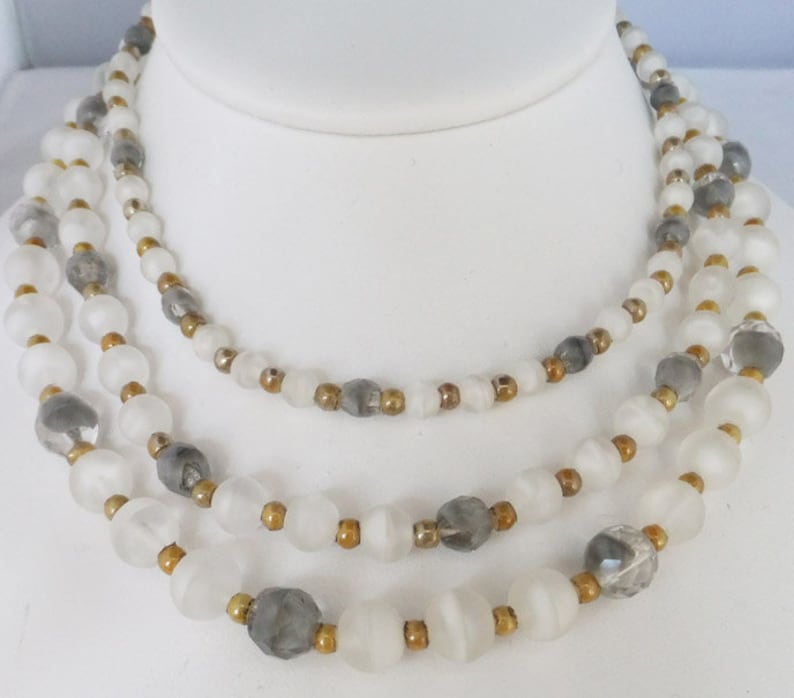 Vintage jewelry necklace 3 strand bib in grey white gold Art Glass necklace Sale half price with free shipping