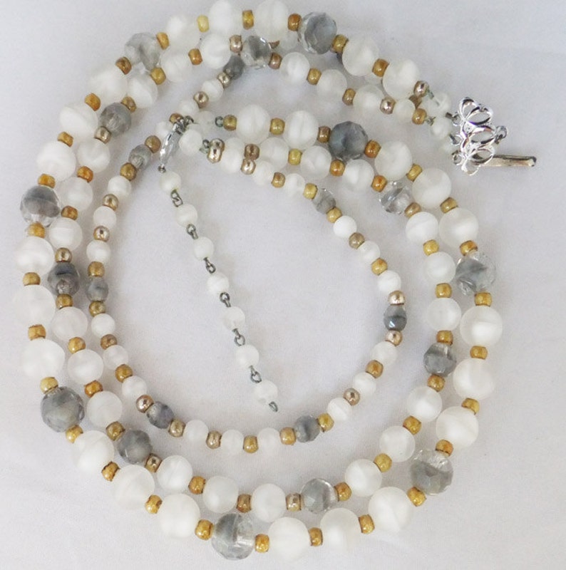 Vintage jewelry necklace 3 strand bib in grey white gold Art Glass necklace Sale half price with free shipping