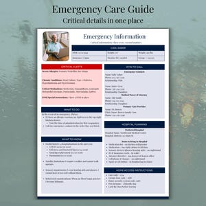May include: A detailed emergency care guide with the title "Emergency Care Guide" and the subtitle "Critical details in one place." The guide includes sections for emergency information, critical alerts, what to do, what to know, who to call, hospital planning, and home access instructions.
