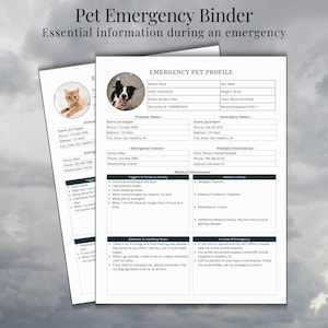 Può includere: Un raccoglitore di emergenza per animali domestici con informazioni essenziali per le emergenze. Il raccoglitore include un profilo dell'animale con foto, i dettagli di contatto del proprietario e informazioni mediche. L'immagine mostra un gatto e un cane.