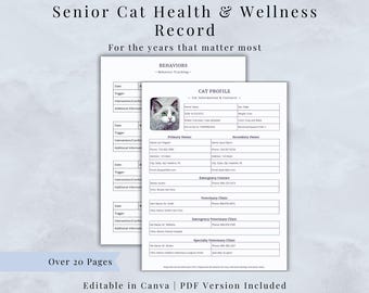 Senior Cat Health & Wellness Record (Canva Template, Printable PDF)