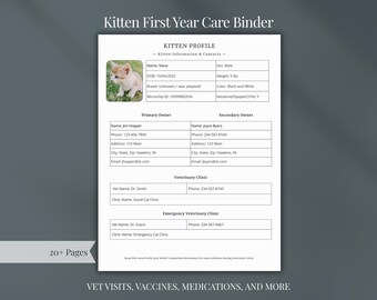Kitten First Year Care Binder (Editable Canva Template and PDF Template)