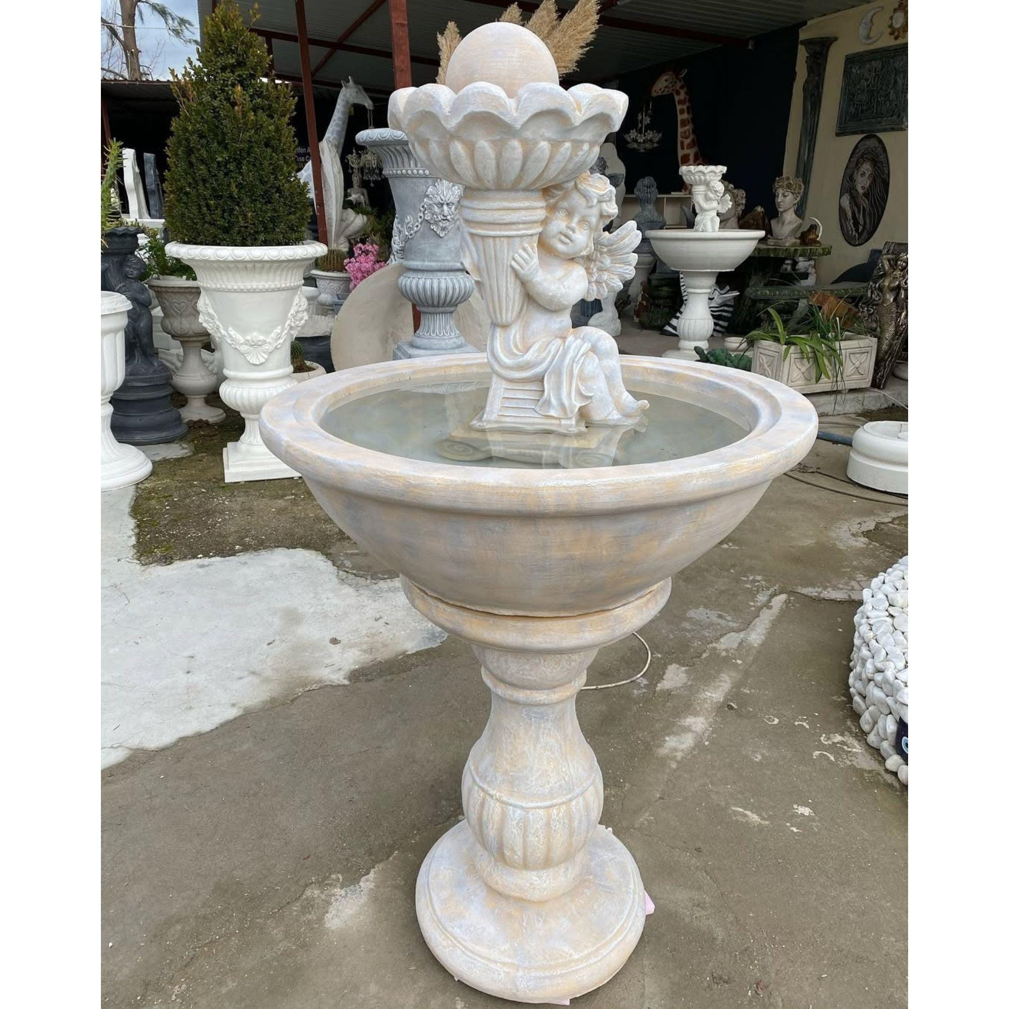 Angel Garden Fountain | Romantic Outdoor Water Feature with Cherub Statue | Shabby Chic Pedestal Birdbath Style Fountain