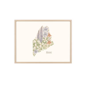 Maine Native Flower State Karte Poster, Vintage Blumenwand-Kunst-Dekor, botanischer Holzrahmendruck, rustikale Hauptdekoration, Geschenk für die Natur