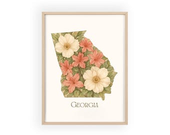 Floral State Poster with Wooden Frame, Georgia Wall Art, Home Decor, Gift for Flower Lovers, Botanical Print, Souvenir Art