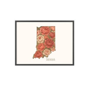 Floral Indiana State Poster mit Holzrahmen, Wandkunst, Wohnkultur, Floral, Geschenk für Indiana Bewohner, Kunstdruck
