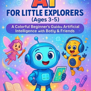 May include: A colorful book cover with the title "AI FOR LITTLE EXPLORERS (Ages 3-5)". The cover features cartoon robots, a fairy, and crayons. The text reads "A Colorful Beginner's Guides Artificial Intelligence with Botly & Friends".