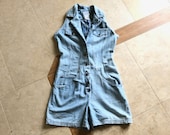 Vintage Women Denim Shorts Romper 80s 90s Blue Jean Cotton Coveralls Sleeveless Romper with Lace Up Corset Back