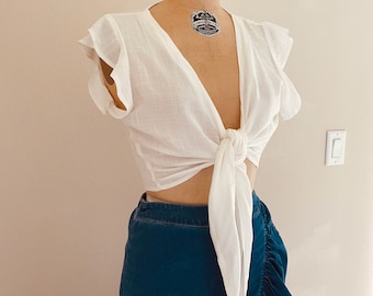 Eggshell Sleeveless Top, Tie Front Wrap Shirt