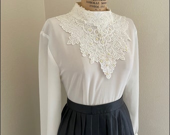 Beaded Blouse, Formal Blouse, Office Blouse, Crochet Blouse, Embroidered Blouse, Romantic Blouse, Vintage Button Up Shirt, Secretary Shirt