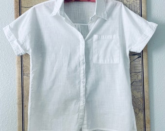 White Linen Button-Up Blouse, Short Sleeve Summer Top