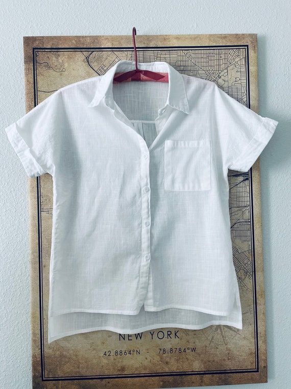 White Linen Button-Up Blouse, Short Sleeve Summer Top